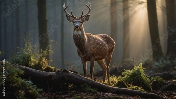 Fototapeta Majestic deer stands in a sunlit forest, surrounded by mist and lush greenery, evoking tranquility