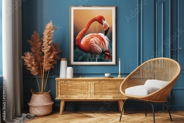 Fototapeta A vibrant flamingo painting hangs above a light wood console table in a room with teal walls and pampas grass.
