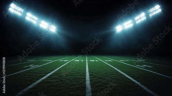 Obraz Football field illuminated by stadium lights with copy space on dark background