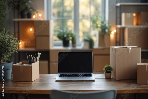 Fototapeta Cozy Home Office with Laptop and Cardboard Boxes on Desk for New Business Setup and Moving Day