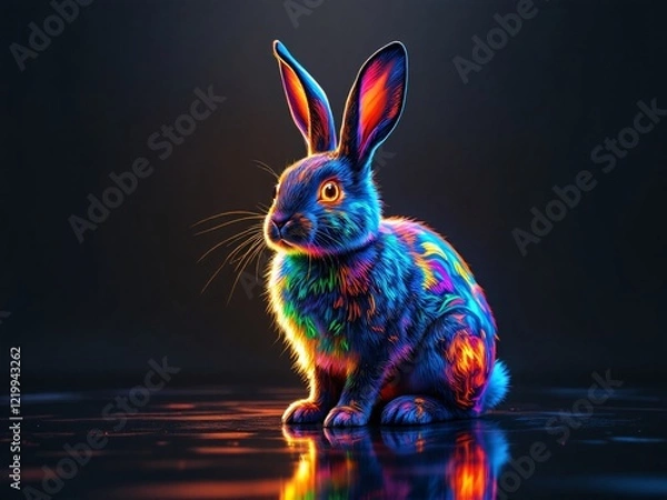 Fototapeta A neon rabbit glowing with vibrant colors in a futuristic, cyberpunk-inspired digital art style.