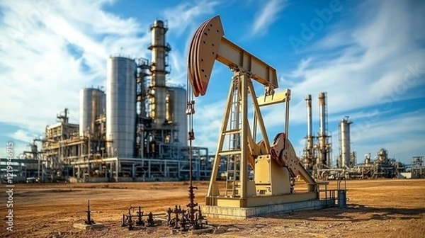 Fototapeta An industrial scene showing a pumpjack in action, extracting crude oil from a West Texas field, with a refinery plant processing the oil in the background.