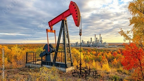 Fototapeta A shot of a pumpjack (oil derrick) in a West Texas field, with a refinery plant visible in the background, showcasing the infrastructure involved in oil extraction and refinement.