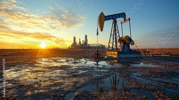 Fototapeta A close-up of a pumpjack in the oil fields of West Texas, with the refinery plant visible in the distance, symbolizing the industrial process of oil extraction and refining.