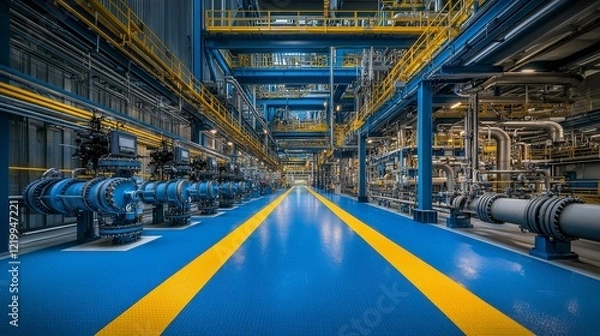 Fototapeta Close-up view of a pipeline and valve system at a chemical plant, illustrating the critical infrastructure for transporting and controlling chemicals in the manufacturing process.