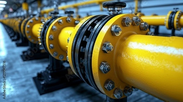 Fototapeta A high-quality shot of the pipeline and valve setup in a chemical plant, showcasing the infrastructure used to transport hazardous chemicals safely through the facility.