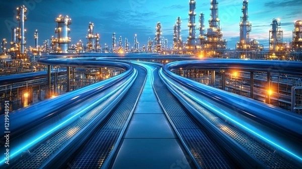 Fototapeta A close-up view of blue pipes leading to an oil refinery, showcasing the intricate piping system used for transporting raw materials in the oil refining process.