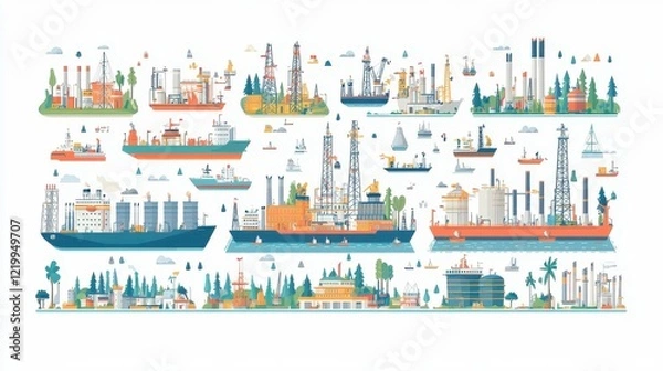 Fototapeta Oil industry vector silhouette icons for depicting energy production with elements like drilling rigs, storage tanks, pipelines, refineries, and other petroleum processing stages.