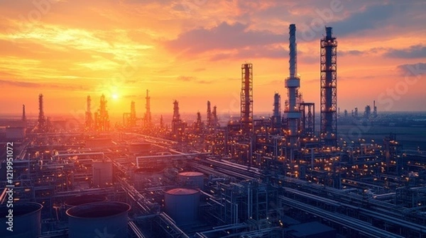 Fototapeta A sunrise aerial view of an oil refinery in Southampton UK, with refinery towers, storage tanks, and pipelines illuminated by the soft glow of the early morning light.