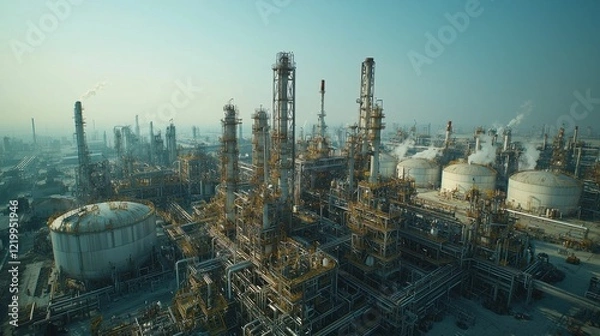 Fototapeta A scene featuring an oil refinery plant with chemical factories, pipelines with valves, and large oil storage tanks in an industrial oil and gas zone, emphasizing energy infrastructure.