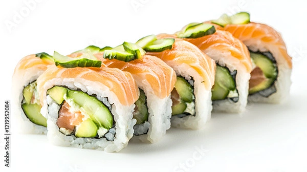 Fototapeta Delicious salmon sushi rolls with cucumber and avocado. Fresh and appetizing Japanese cuisine.