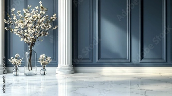 Fototapeta Abstract 3D stage with delicate cherry blossom branches in small vases, glass podium on a white table, and navy blue background, providing an elegant space for promotional material.