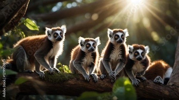 Fototapeta A group of four lemurs perched on a tree branch in a lush forest, illuminated by sunlight