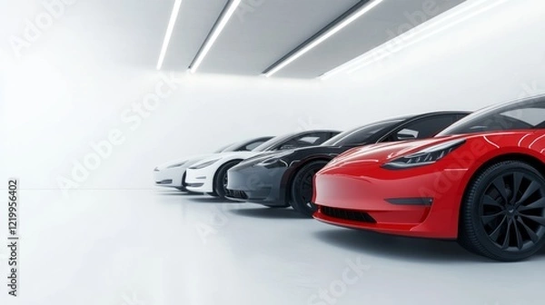 Obraz Modern electric vehicles lined up at dealership lot showcasing sustainable transportation solutions and the future of eco-friendly mobility.