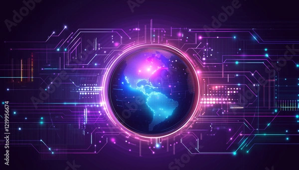 Fototapeta A purple and blue digital globe background with glowing lines on a dark blue background, a futuristic technology concept.