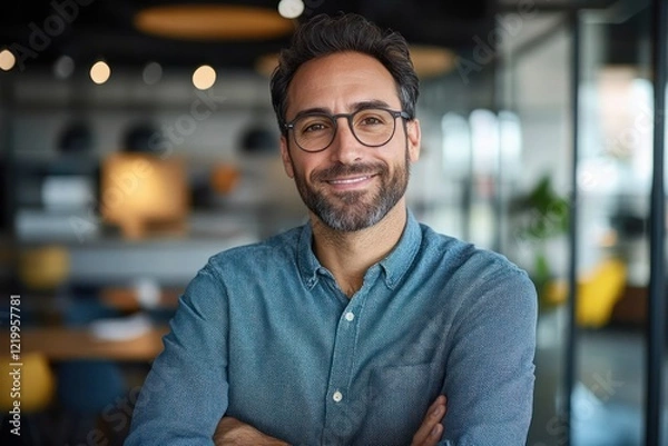 Obraz Confident Hispanic Businessman Smiling in Modern Office Portrait with Arms Crossed