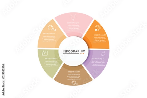 Fototapeta Business infographics line process with template with icons and 6 options or steps infographics of business, idea, research meeting, process, goal report. for