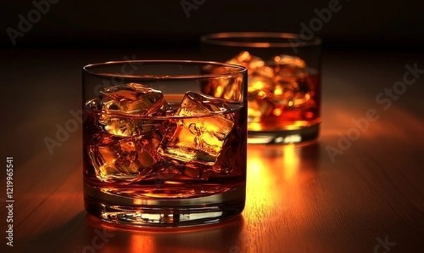 Fototapeta Two whiskey glasses with ice on a warm, dimly lit wooden table