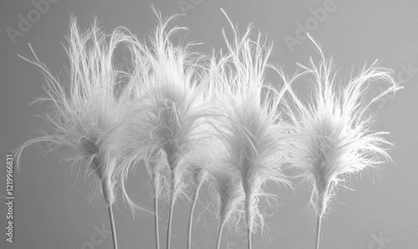 Fototapeta White feather plumes on stems against a gray backdrop, ideal for elegant designs