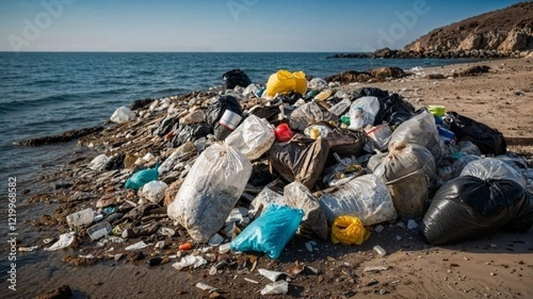 Fototapeta A pile of trash abandoned on the sea. serious environmental pollution. environmental pollution, Generative AI.