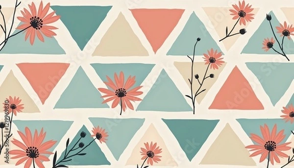 Fototapeta Geometric pattern with floral motifs and colorful triangles for modern design and decoration