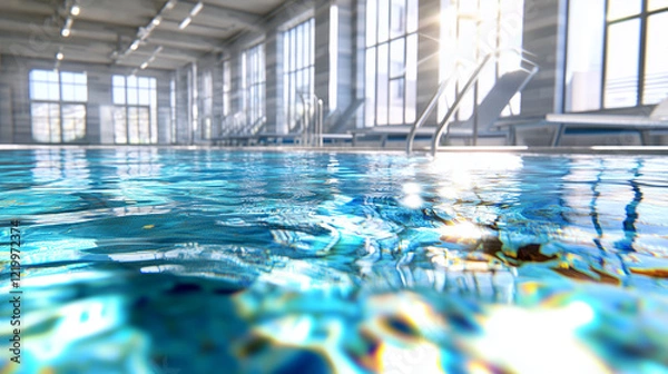 Fototapeta 学校のプールサイドの横からの眺め 高画質写真イラスト画像 教育シーン 水は澄んでいます 広角画像 学校の教育シーン 人物なし 水は青く澄んでいます 屋外 水しぶき まぶしい光