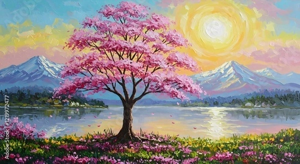 Fototapeta Painting Style - Full sun with Blossoming Tree