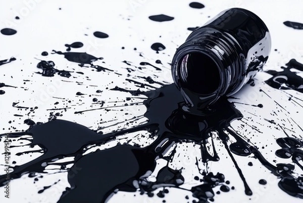 Obraz A black paint bottle spills onto a white surface, creating a dramatic contrast with splatters and droplets of paint scattered around.
