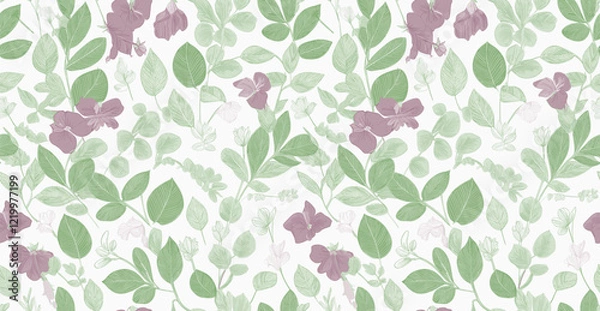 Fototapeta Abstract Handmade Floral Pattern with Soft Green and Muted Purple Leaves on a Light White Background