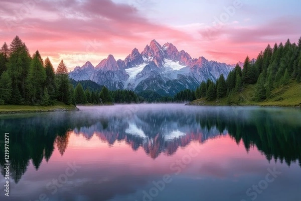 Fototapeta Serene Mountain Lake at Sunrise with Pink Hues and Misty Reflections