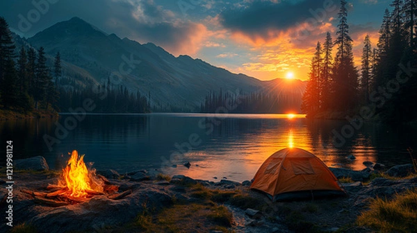 Fototapeta Spring camping, campfires, tents, this scene captures the essence of outdoor adventure and relaxation, creating a perfect blend of warmth and tranquility during the renewed season.