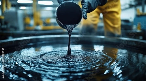Fototapeta Close-up of crude oil inspection in refinery with workers and machinery in background