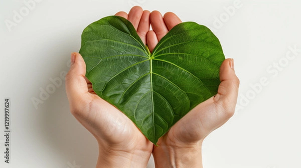 Fototapeta Heart-shaped green leaf held gently in hands on a white background