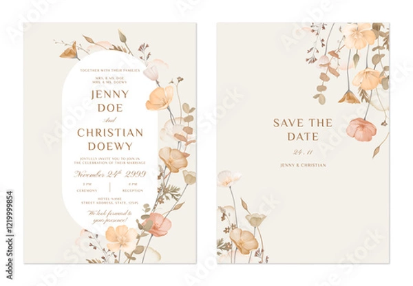 Obraz wedding invitation and save the date template set of delicate muted tones of peach, cream, and brown of flowers and foliage on a soft cream background, adding a natural and earthy aesthetic