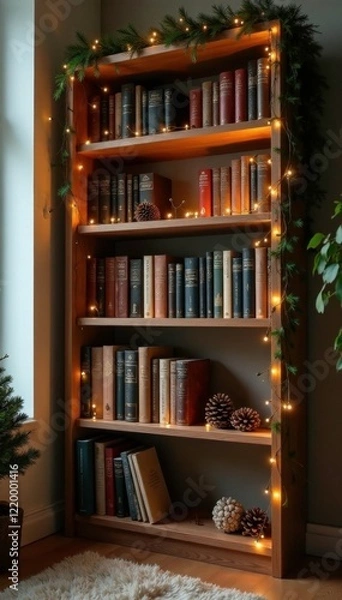 Obraz Modern bookcase adorned with fairy lights and pinecones, cozy, organized