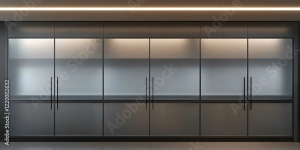 Fototapeta A sleek rendering of kitchen cabinets with frosted glass panels and hidden hinges, isolated for a digital portfolio