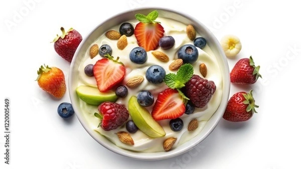 Fototapeta Greek Yogurt Parfait Recipe: Top View Long Exposure Photo of Fruit & Pistachios