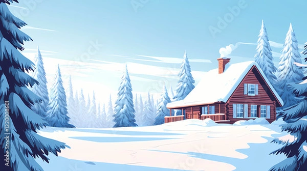 Fototapeta Cozy wooden cottage nestled in a snow-covered clearing surrounded by frosty pine trees. Frosted Glade. Illustration
