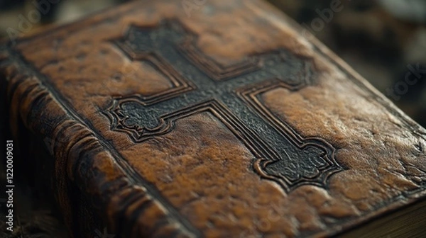 Fototapeta Green Leather Bible with Embossed Cross in Soft Light, Minimalist Design Representing Faith and Simplicity