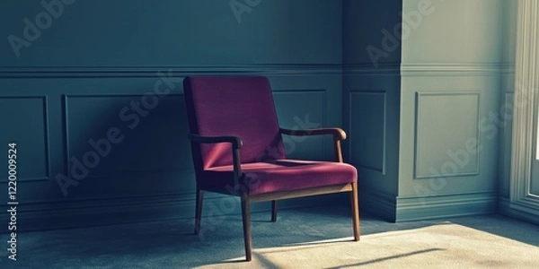 Fototapeta Dark Red Velvet Armchair Positioned in Minimalist Teal Wainscoting Room