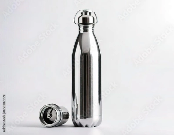 Obraz A silver water bottle with a silver cap AI generated