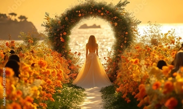 Fototapeta Stunning Sunset Beach Wedding Bride in Orange Flower Arch