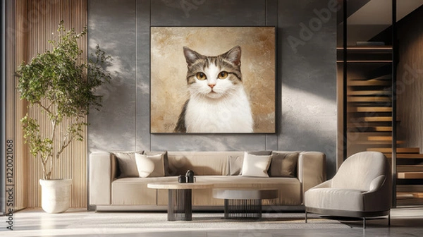 Fototapeta Cat Portrait in Modern Living Room: A serene tabby cat stares directly at the camera in a large, framed portrait hanging above a beige couch in a stylish, minimalist living room.