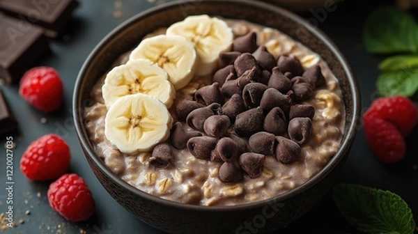 Fototapeta Close-Up Thick And Creamy Banana Overnight Oats Blended With Chocolate In Home Interior, Breakfast Photography, Food Menu Style Photo Image