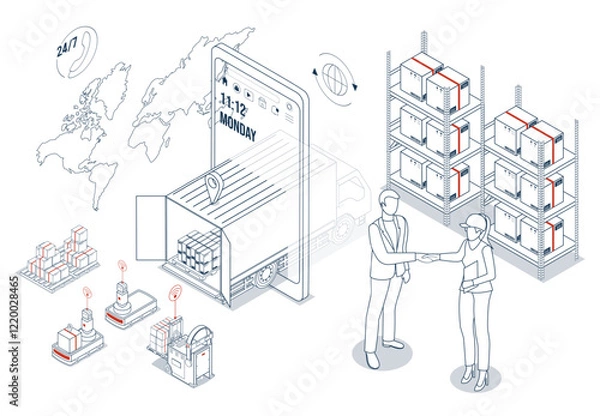 Obraz 3D isometric logistics concept depicting truck delivery services, smart warehouse technologies with AGV robots, automated inventory systems, and business agreement symbolized by people shaking hands.