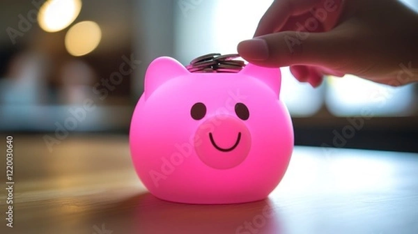 Obraz A person putting coins into a piggy bank, a concept of financial protection and a smirk. Close-up of a hand adding money to a pink plastic vessel, with a bokeh effect, a bright background.
