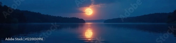 Fototapeta Moonlight casting ripples on the lake's surface, reflection, water, nature