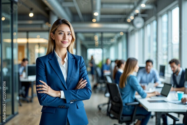 Fototapeta A confident woman in a business suit stands proudly with her team behind her. The nature of empowerment and teamwork, highlighting the power and influence of women in leadership roles.