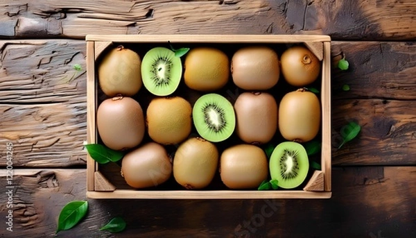 Obraz Fresh kiwi fruits in wooden crate