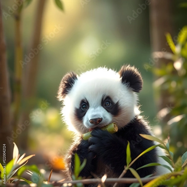 Obraz Cute baby panda eating bamboo, realistic details, warm colors and soft background. Generative AI.
